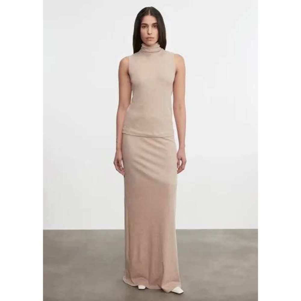 ENZA COSTA Cashmere Bias Skirt Women Large Khaki Tan Maxi Knit Jersey Long NEW